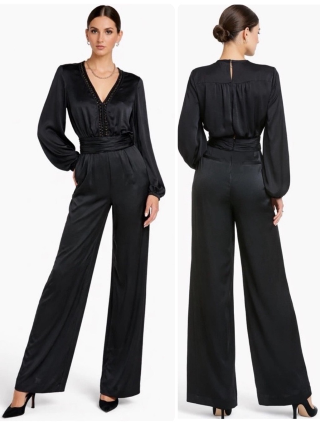Ramy Brook Bailey Black Satin V-Neck Long Sleeve Wide-Leg Jumpsuit Nwt $645